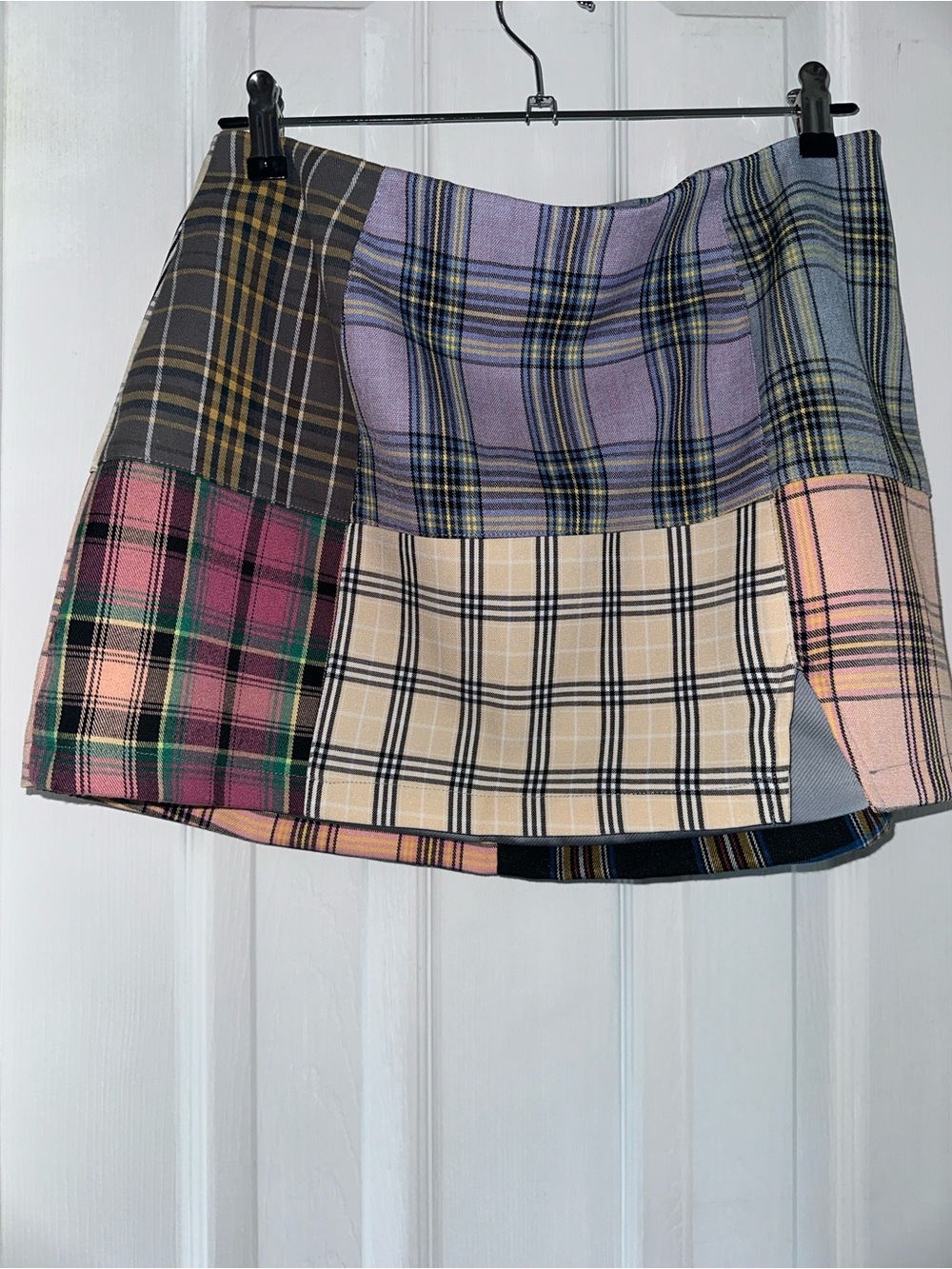 AKIRA Multicolor Plaid Patchwork Mini Skirt - Pink, Purple, Beige, Green